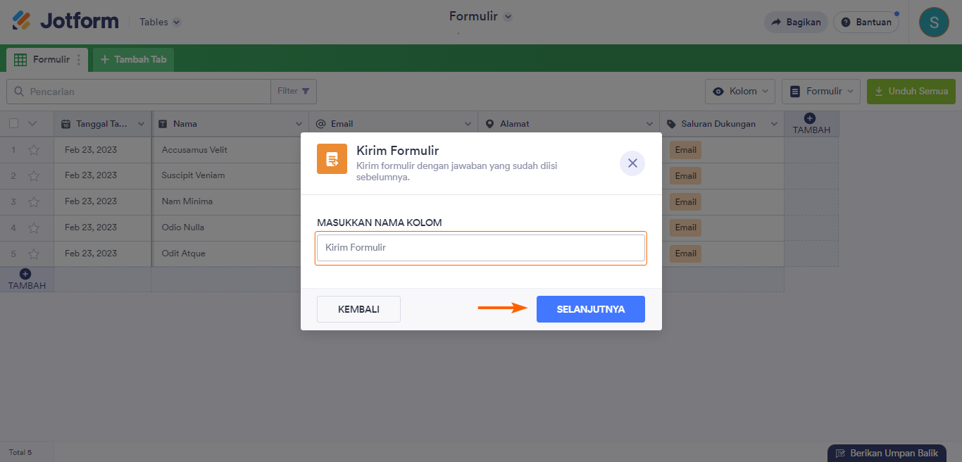 Gambar-3 Cara Mengirim Formulir pada Tabel Jotform