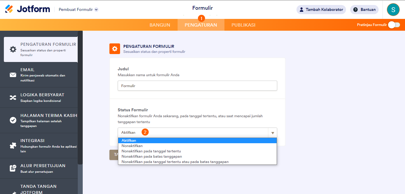 Pengaturan aktifkan dan non aktifkan formulir Jotform