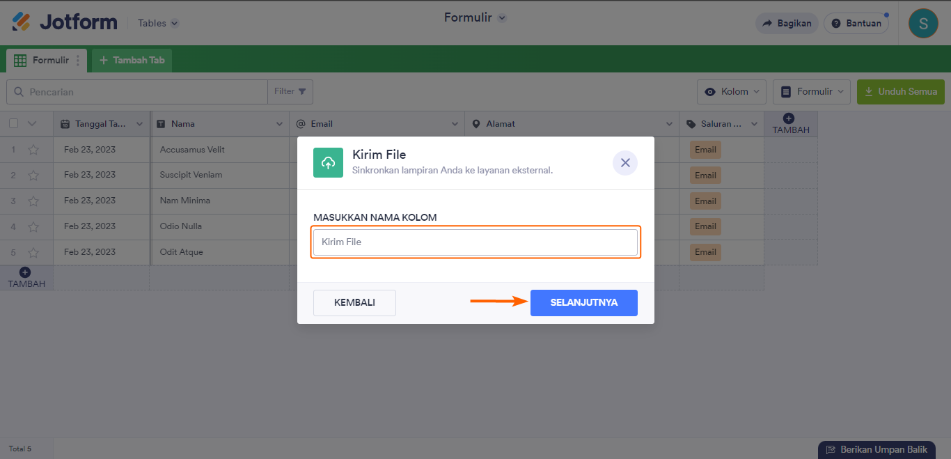 Gambar-3 Cara Mengirim File di Tabel Jotform