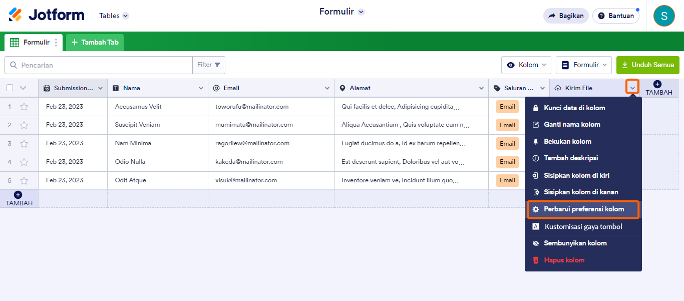 Gambar-8 Cara Meengirim Formulir di Tabel Jotform