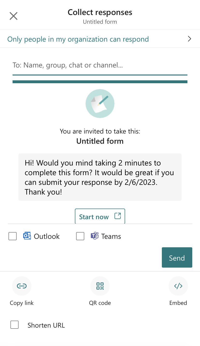 لقطة شاشة لصفحة إرسال Microsoft Forms على الهاتف المحمول تتضمن خيارات متنوعة لإرسال النموذج (مثل نسخ الرابط، رمز الاستجابة السريعة، إلخ
