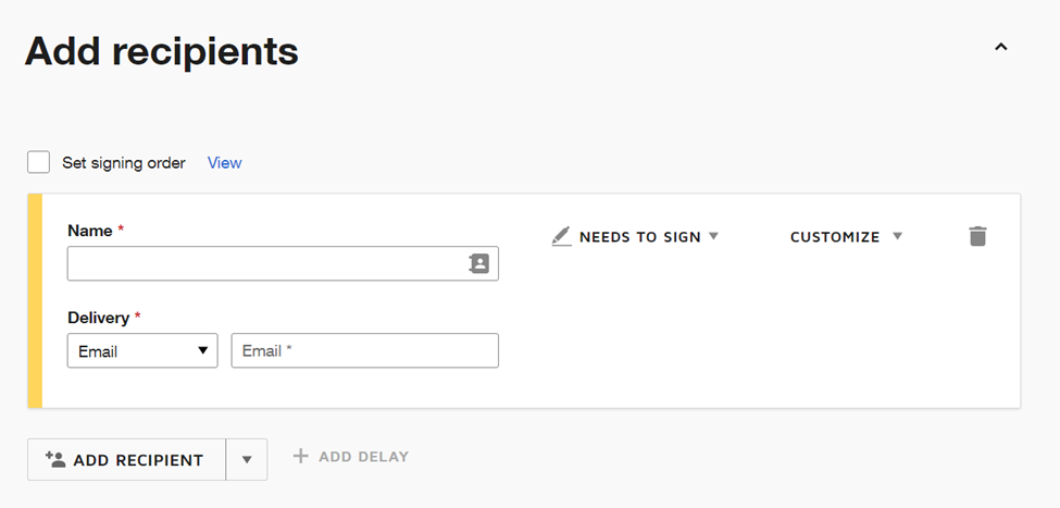 A view of the page with the uploaded document, directing users to scroll down to the 'Add recipients' section for further action