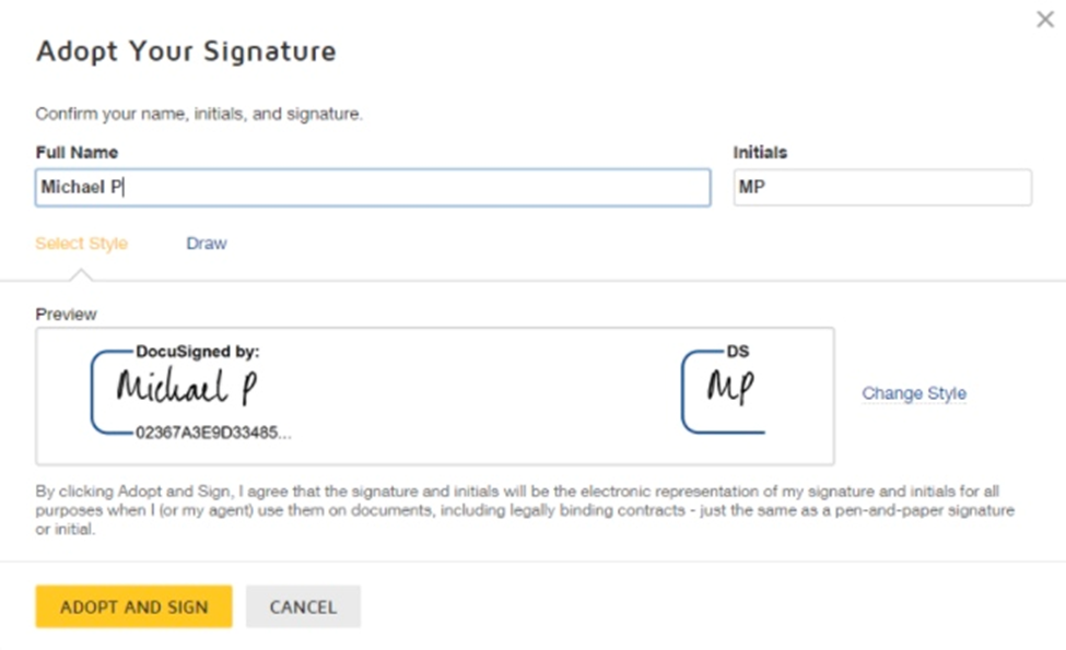 A button labeled 'Adopt and sign' for users to click and confirm their signature on the document