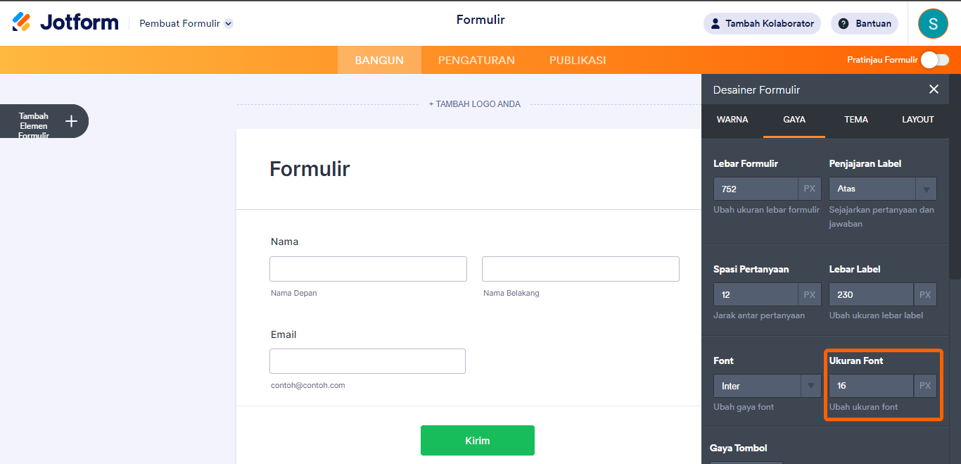 Ukuran font desainer formulir Jotform