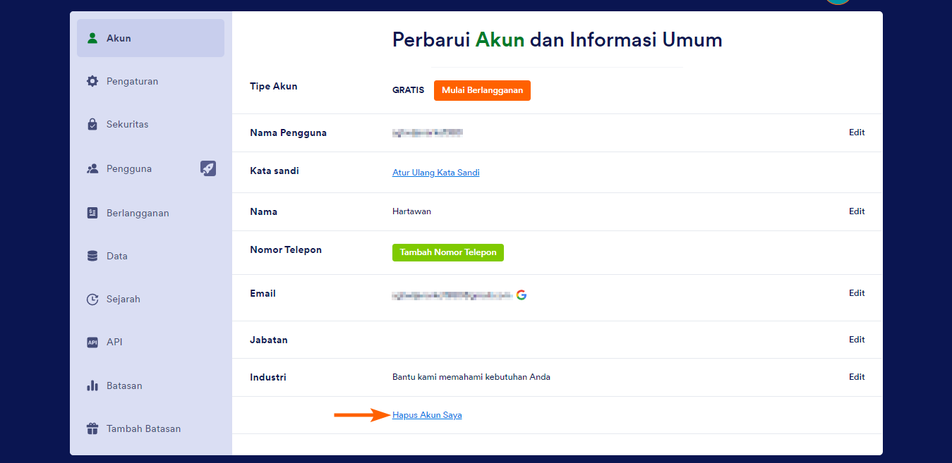 Panah menunjuk ke link Hapus Akun Saya pada halaman Profil Akun Jotform