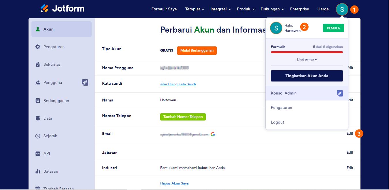 Mengubah alamat email