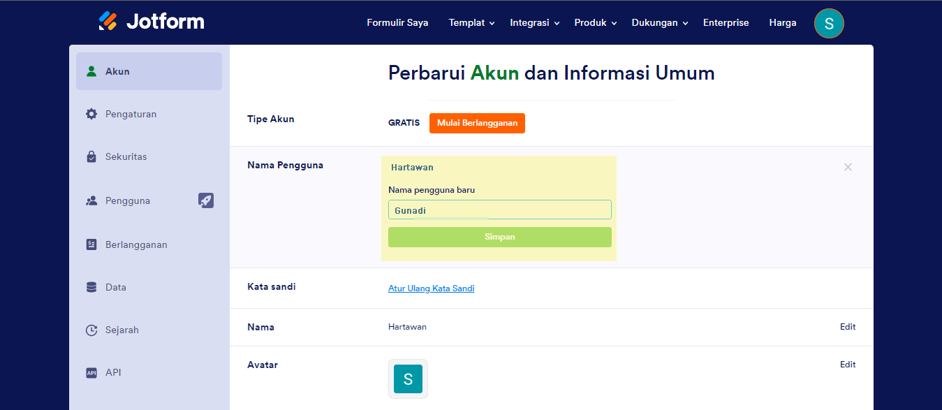 Halaman Profil Jotform