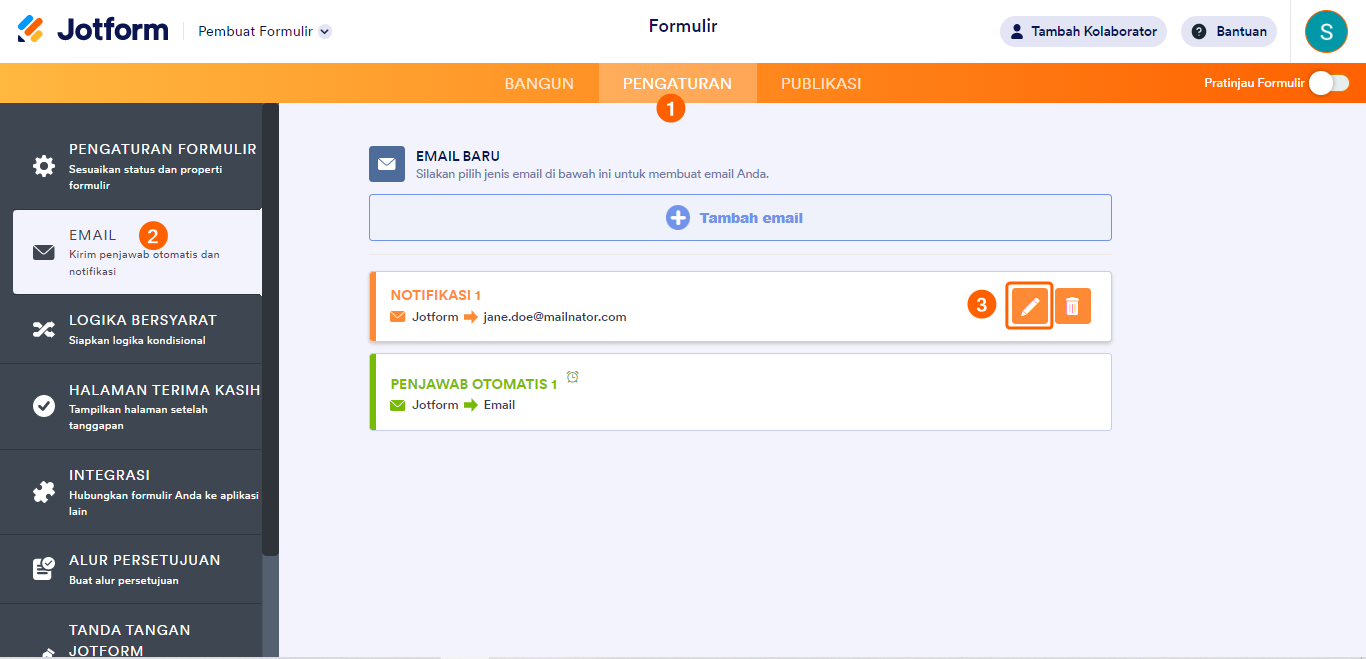 Pengaturan email Jotform