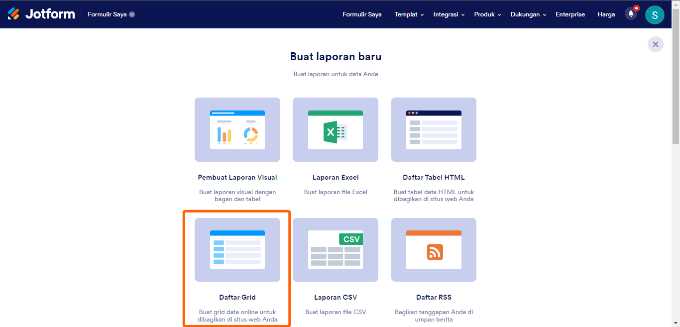 Daftar grid laporan Jotform