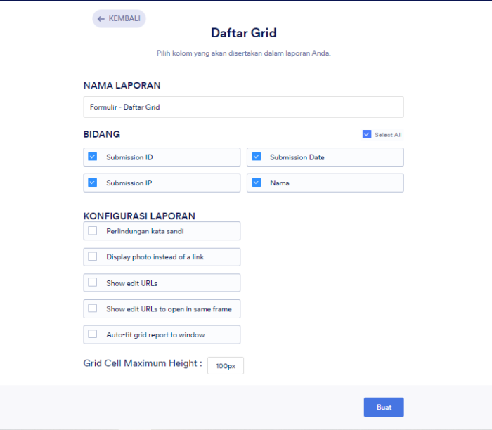 Opsi laporan daftar grid Jotform