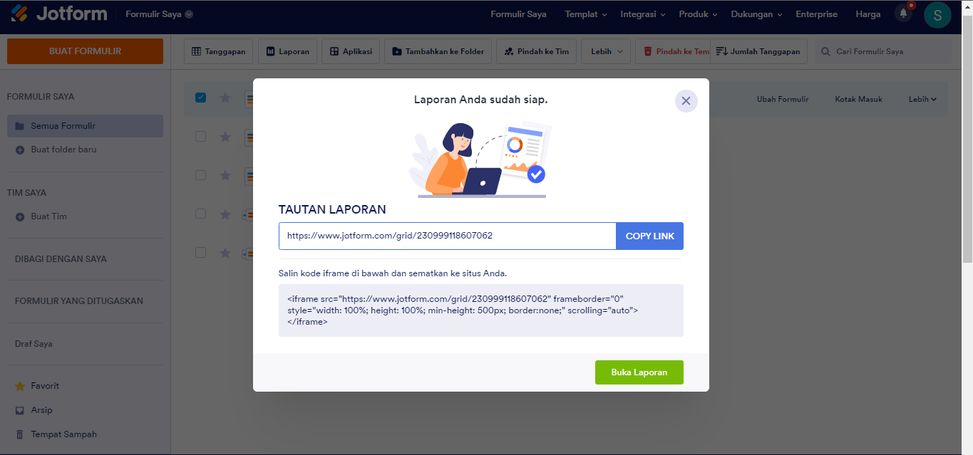 Tautan salin laporan daftar grid Jotform