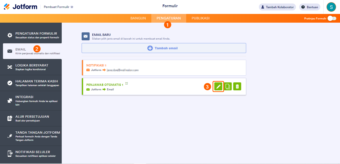 edit email penjawab otomatis tambahkan tautan lampiran Jotform