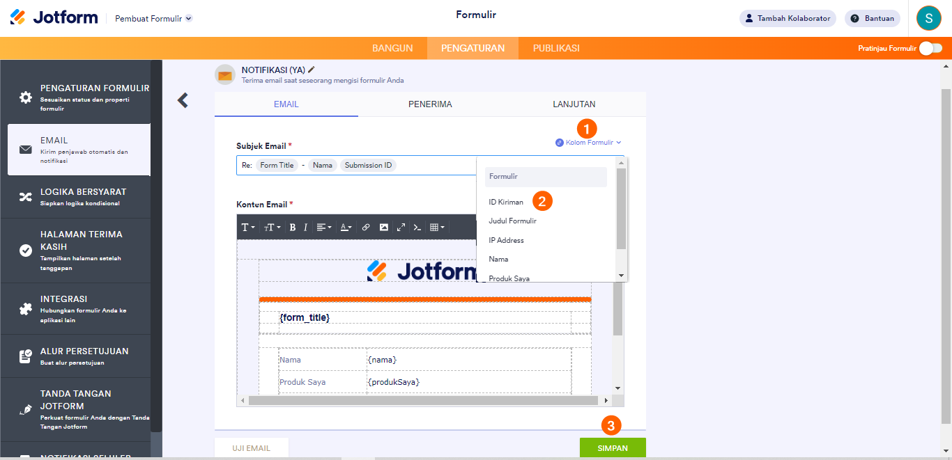 Gambar-3 Cara Menambahkan Judul Formulir pada Email Notifikasi