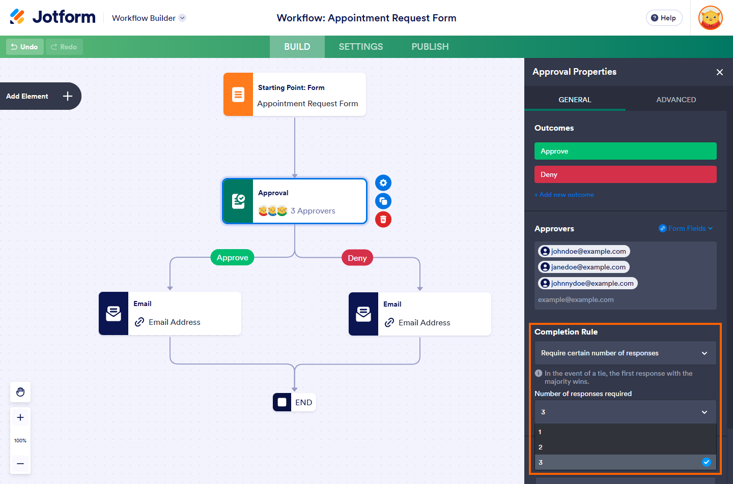 Number of Responses Required property of the Approval element in Jotform Workflows