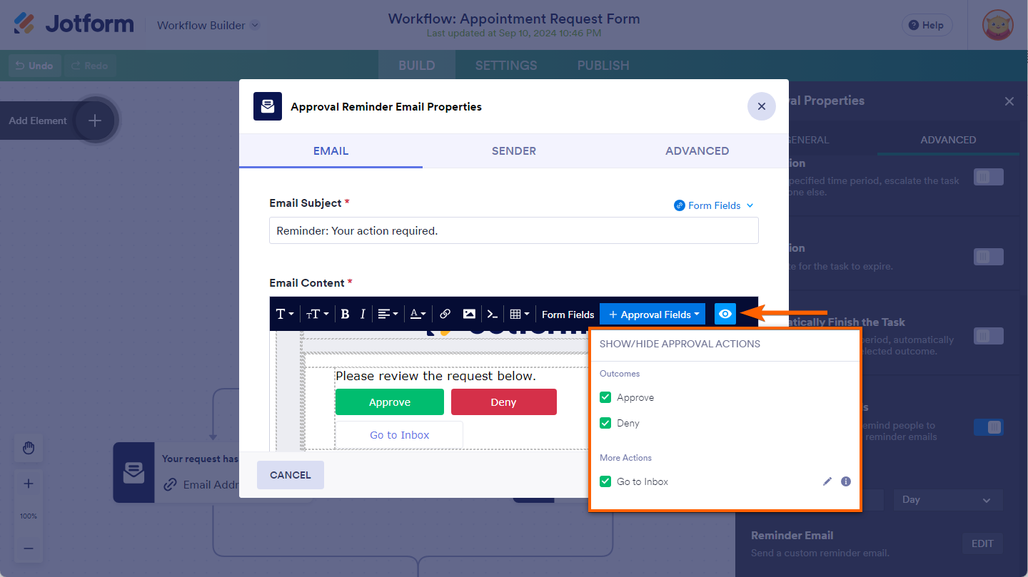 Approval and Go to Inbox buttons checked in the Approval Reminder Email Properties of the Approval element in Jotform Workflows