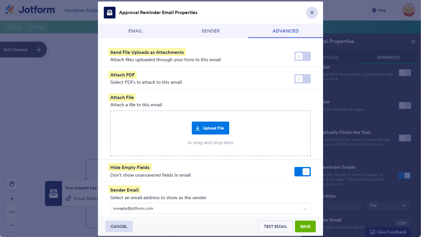 Different file attachment options and sender email setting on the Advanced tab in the Approval Reminder Email Properties of the Approval element in Jotform Workflows