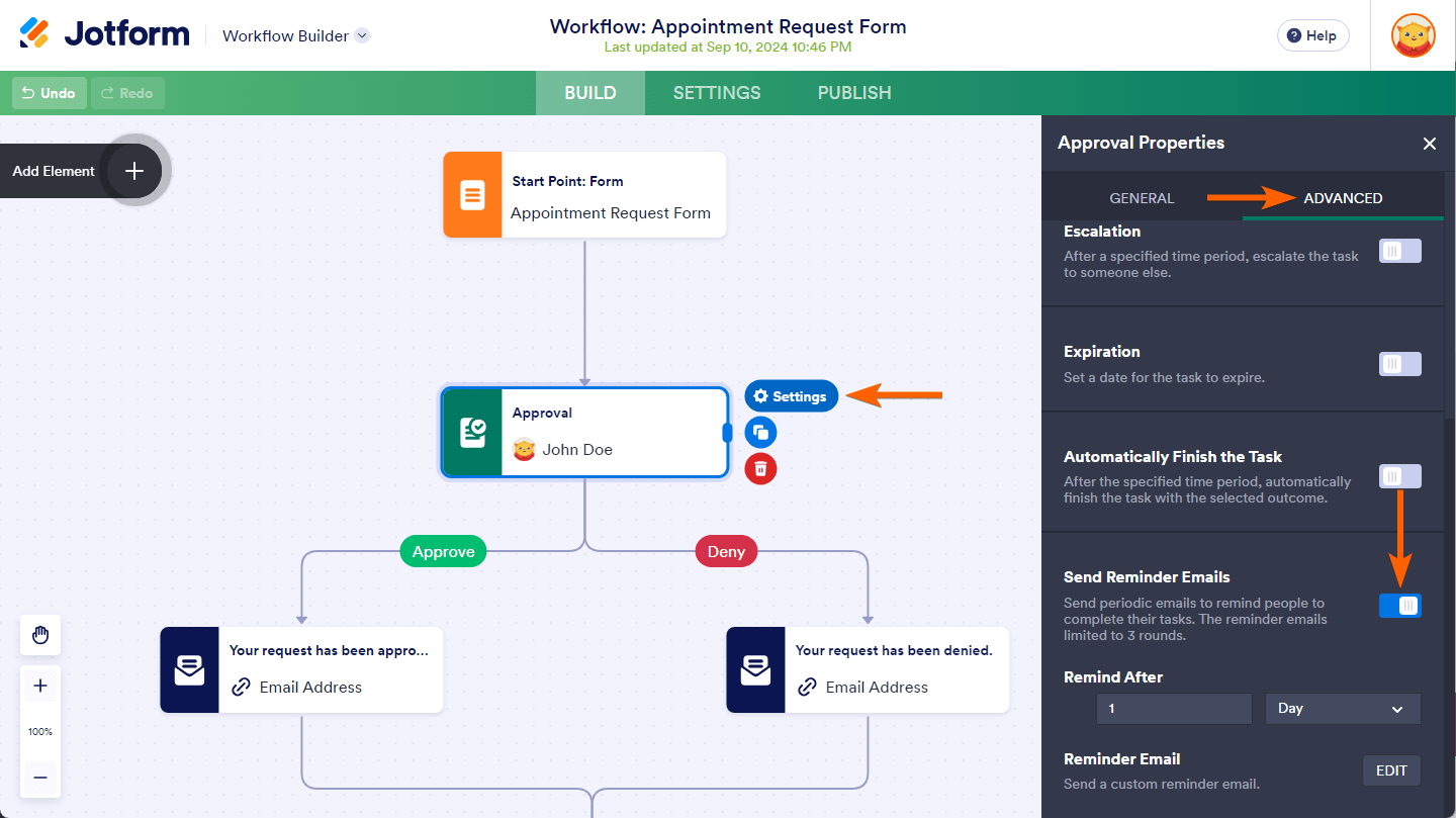 Send Reminder Emails property enabled in Advanced properties of the Approval element in Jotform Workflows