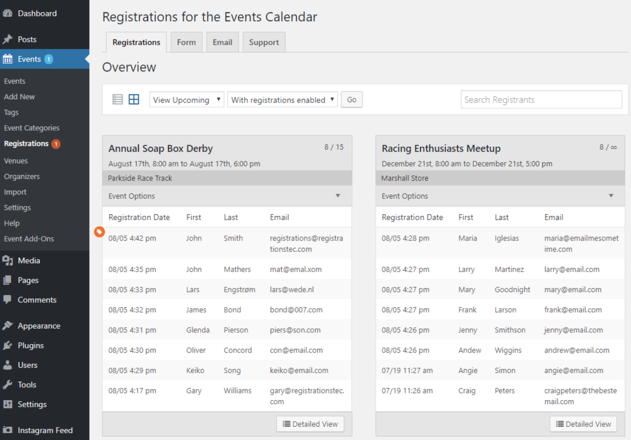 user interface of registrations for the events calendar