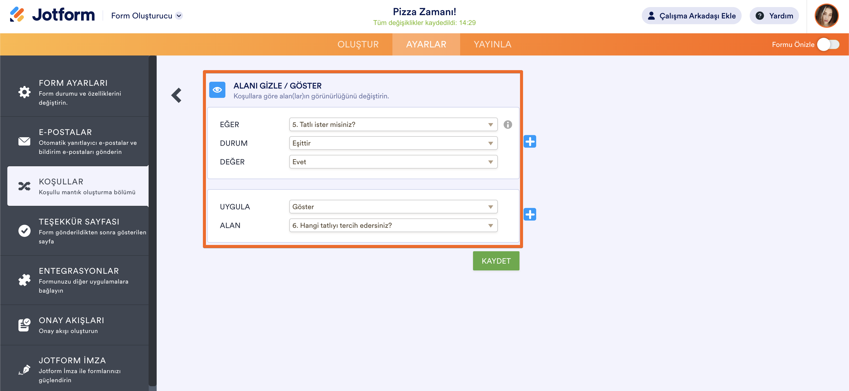 Kullanıcının Yanıtına Göre Alanları Gösterme veya Gizleme Image-3