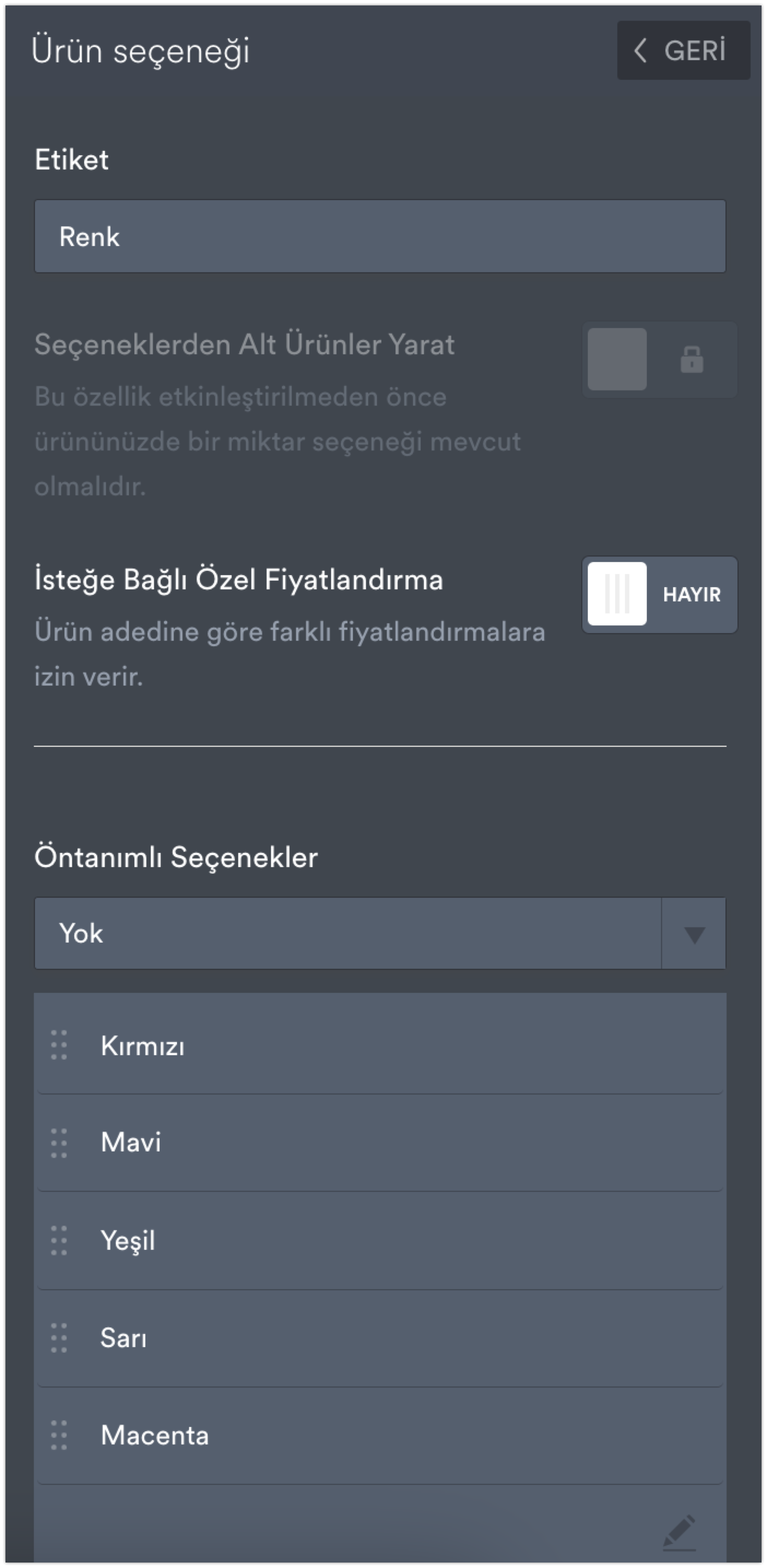Ürün Seçeneklerini Düzenleme