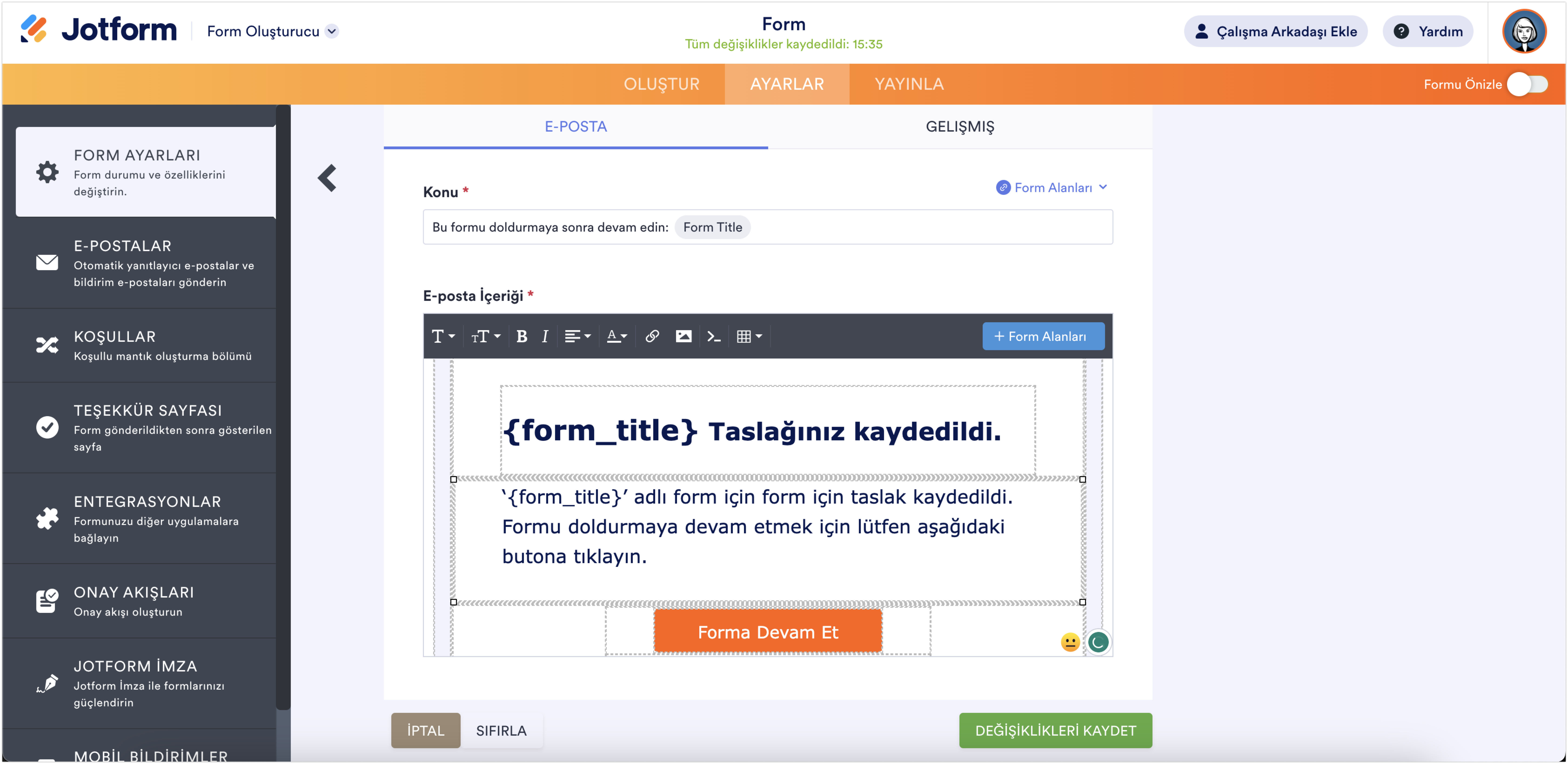 Form Oluşturucu'da Kaydet ve Sonra Devam Et e-posta şablonu 