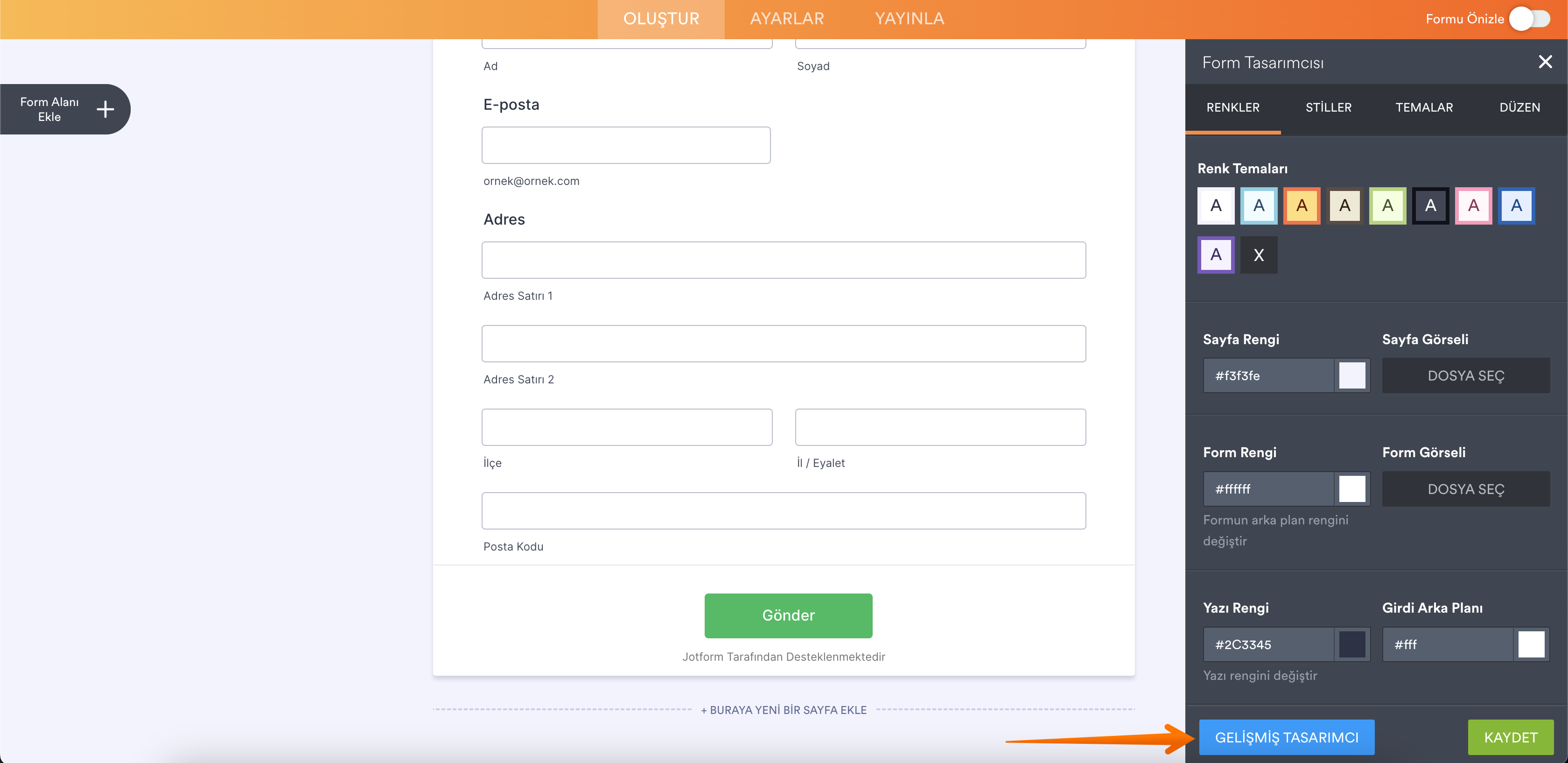 Form Oluşturucu'da Gelişmiş Tasarımcı 
