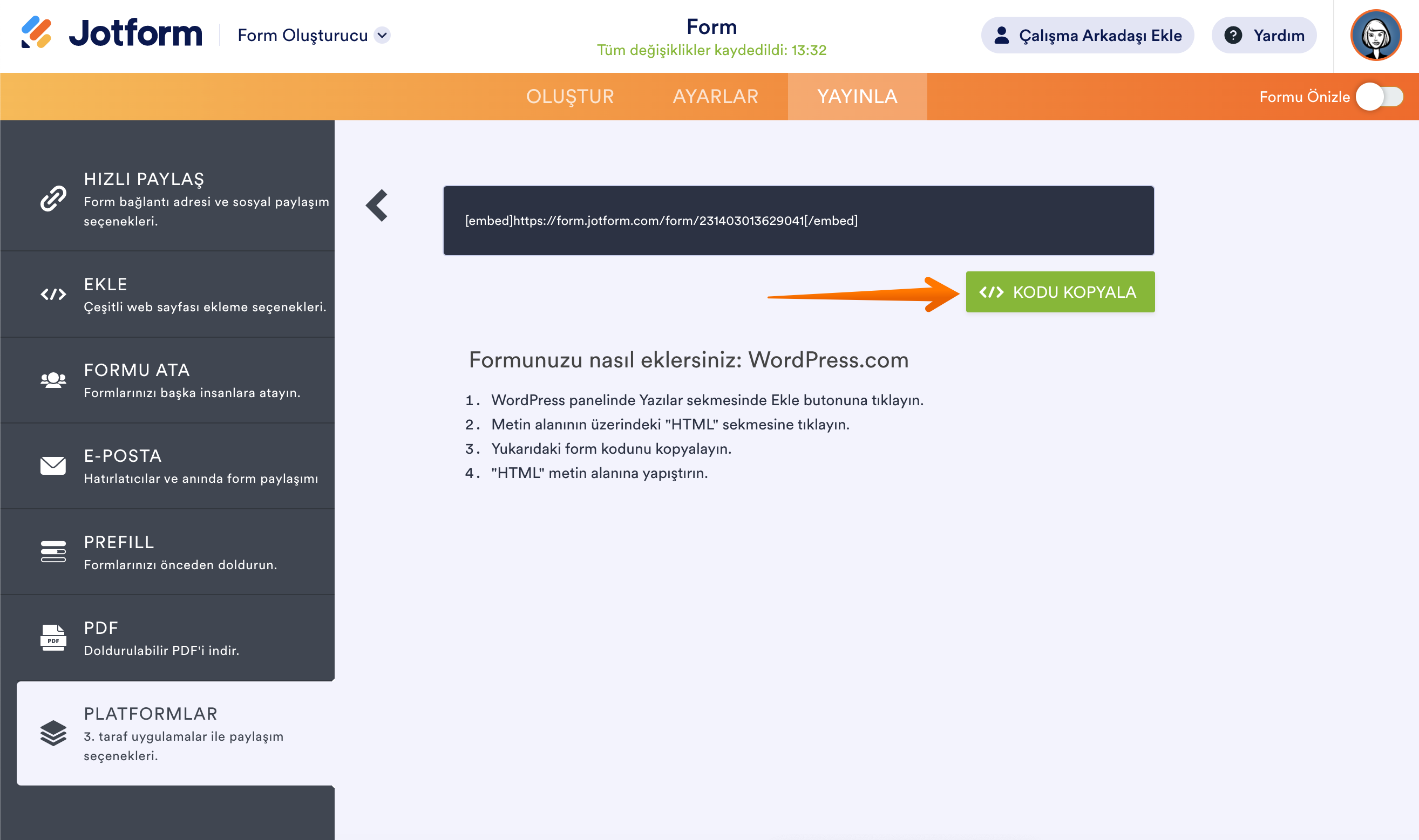 jotform-platform-wordpress-com-ekleme-kodu-kopyala-butonu