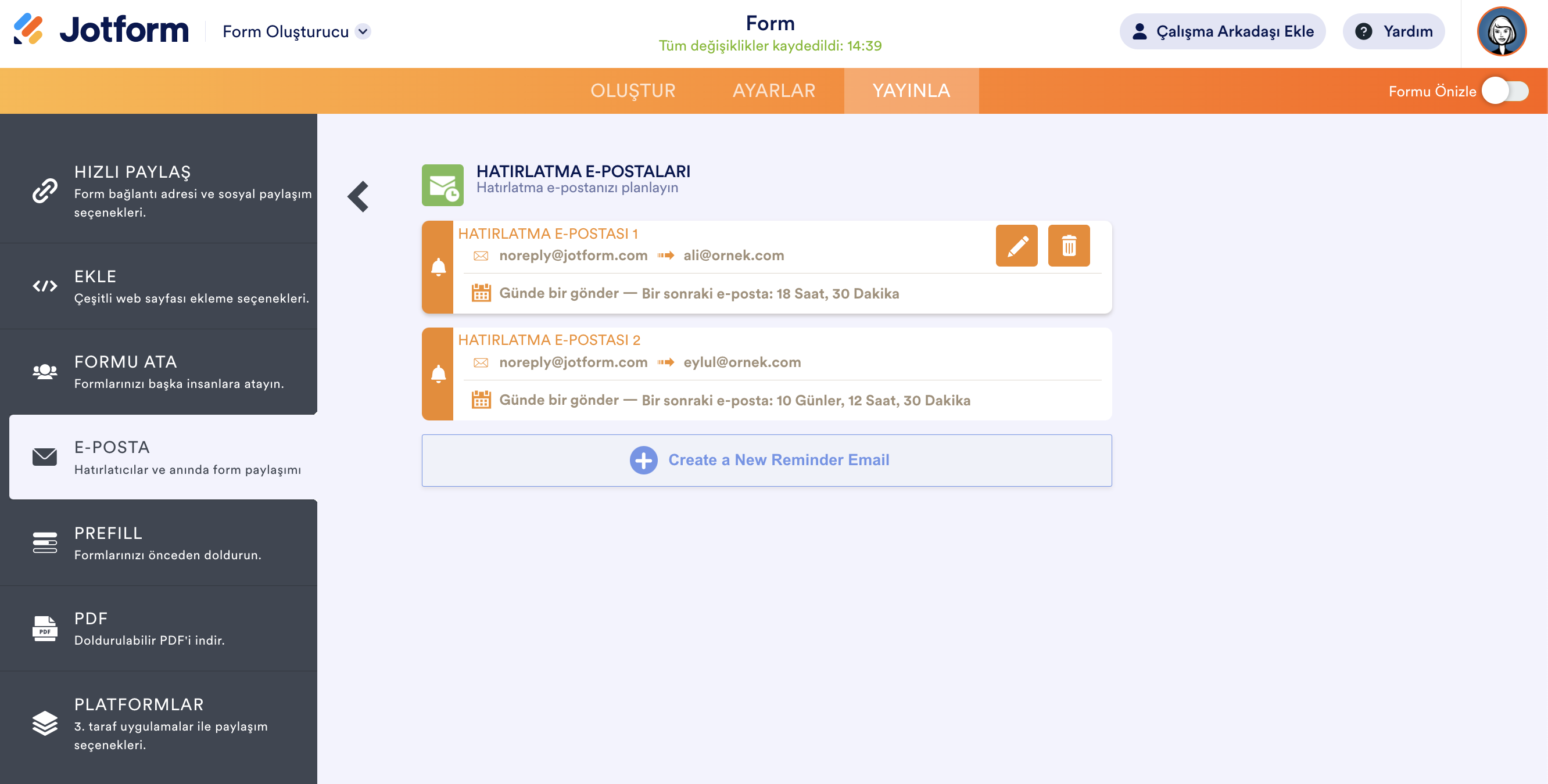 Form Oluşturucu'da Hatırlatma E-postalarını Yönetme