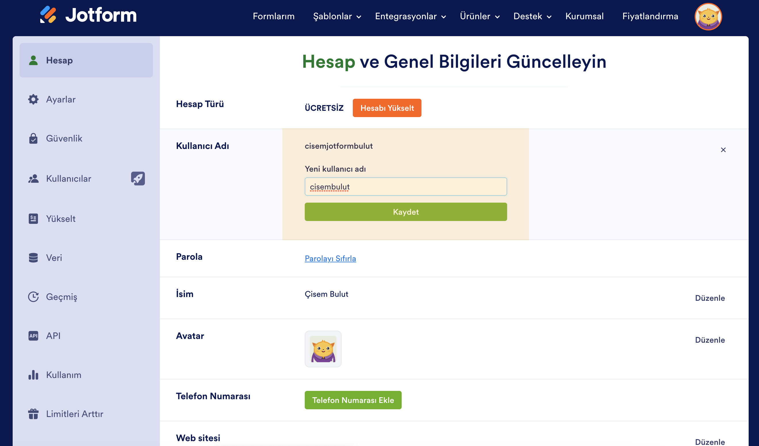 Jotform'da kullanıcı adını değiştirme