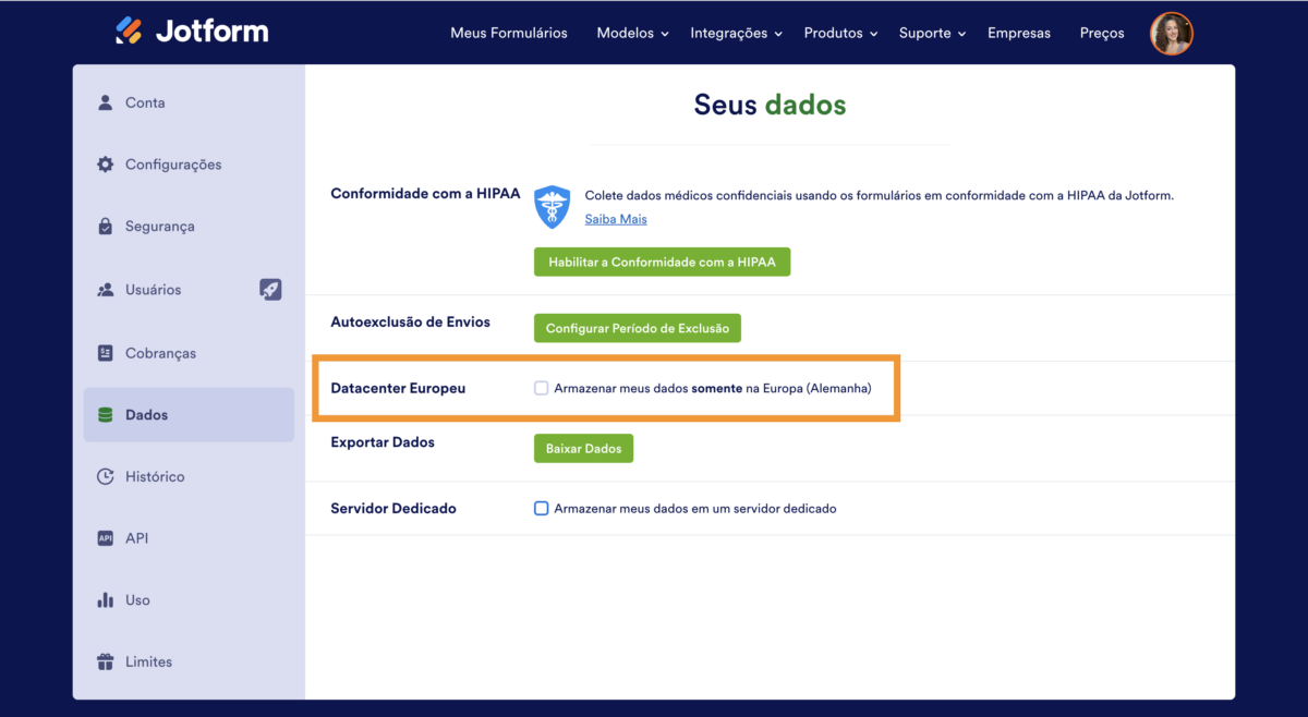 Seção Datacenter Europeu