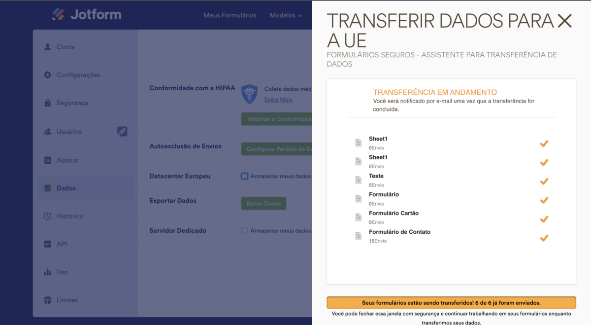 Transferindo Dados para a UE