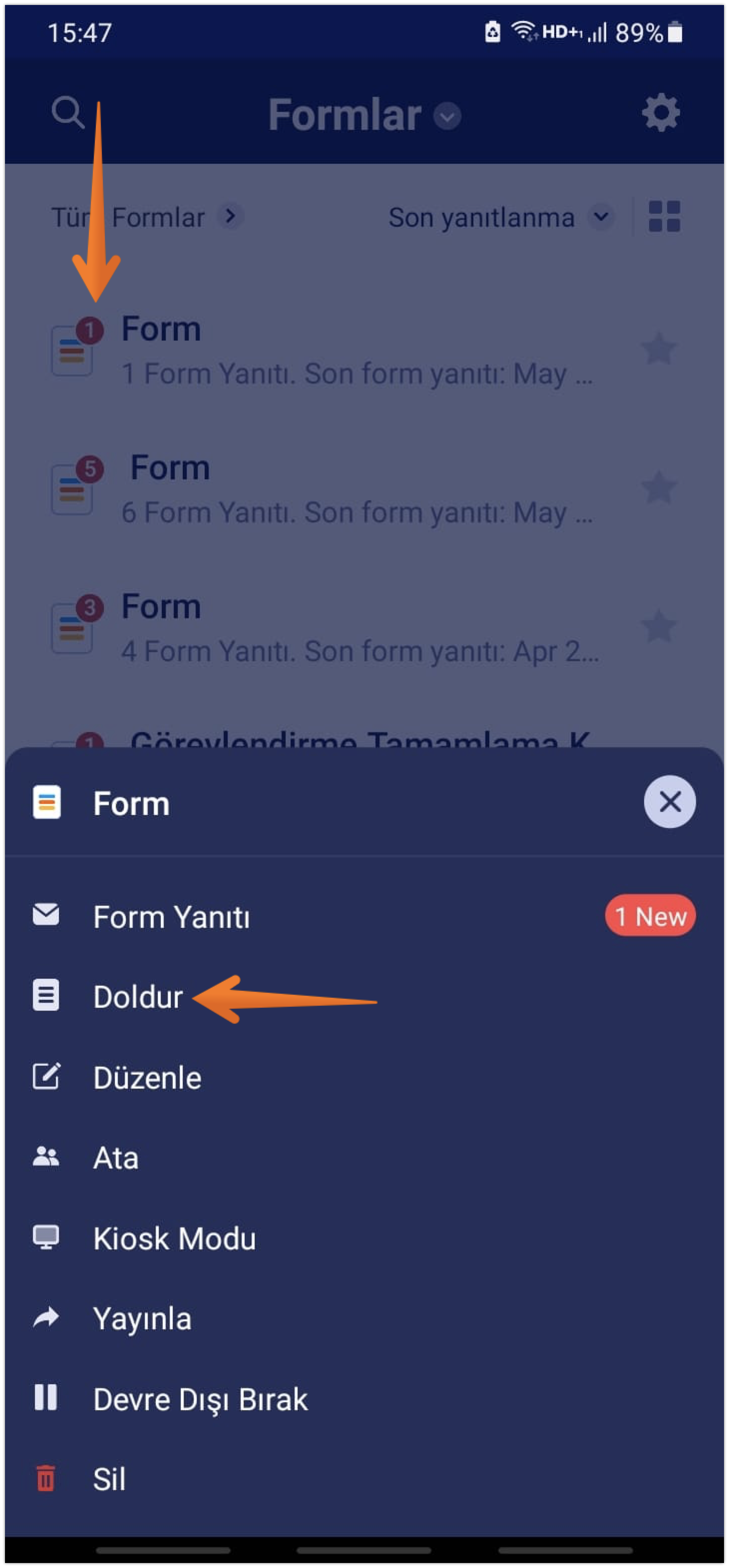 Jotform Mobil Formlarda Doldur seçeneği 