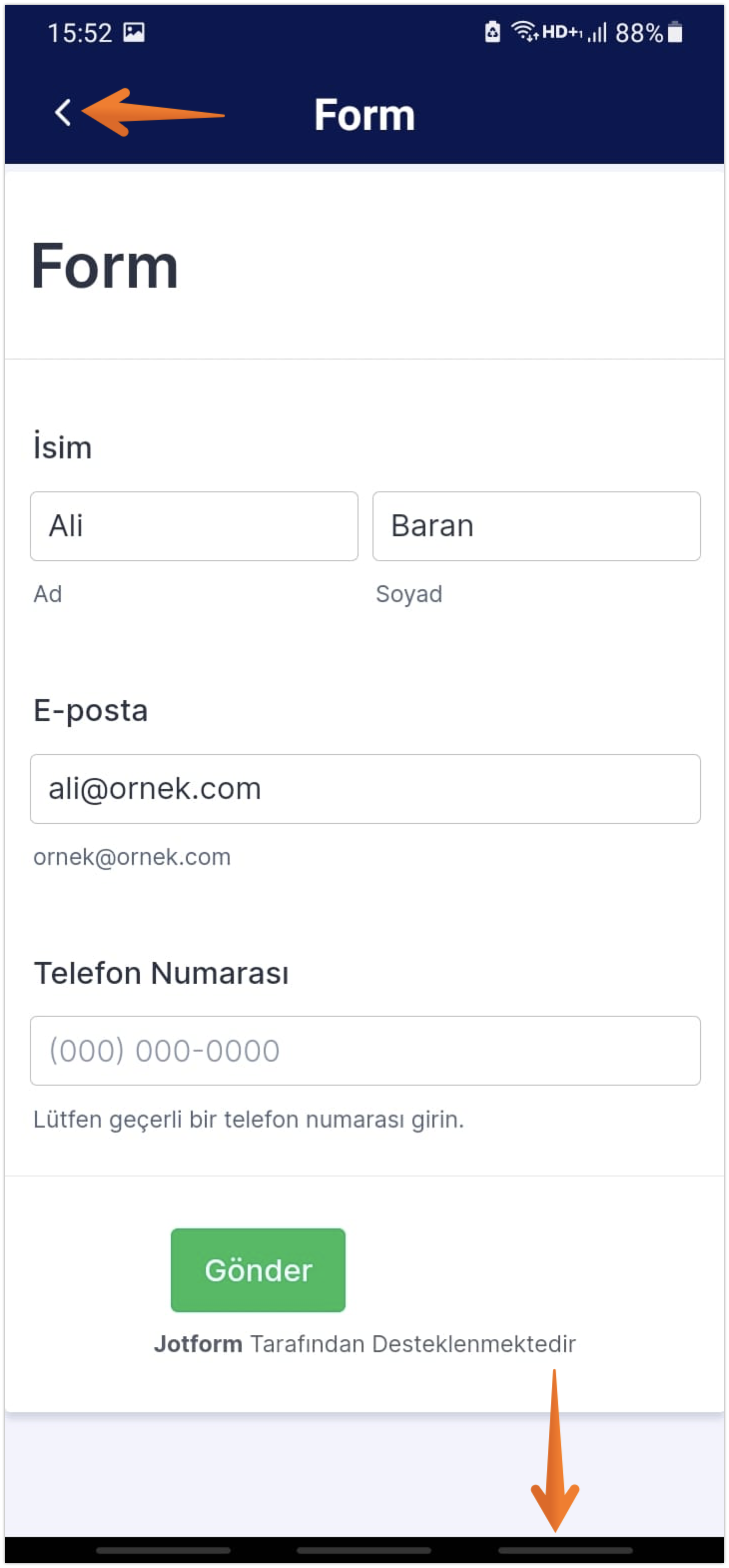 Jotform Mobil Formlar'da geri butonlarını gösteren oklar