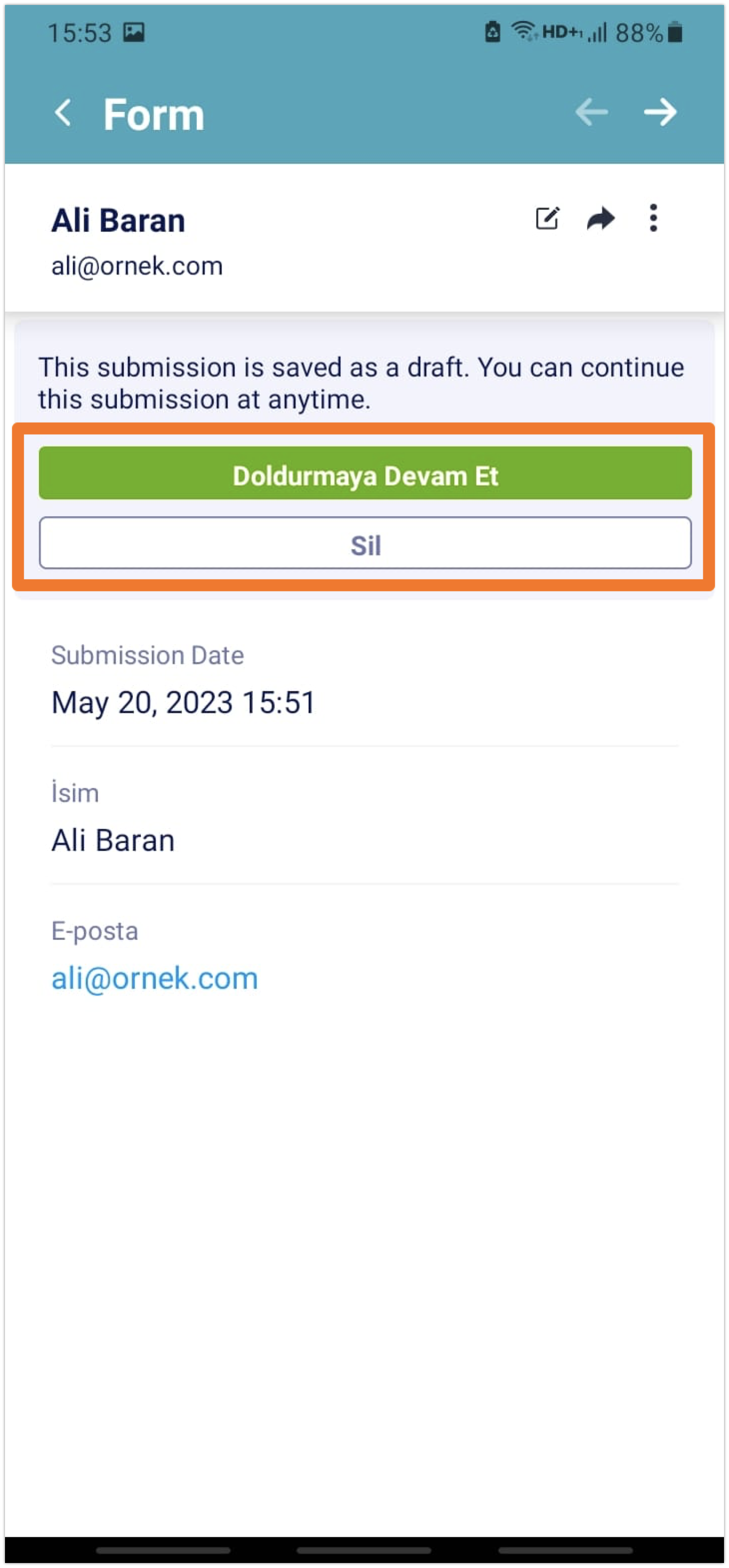 Jotform Mobil Formlar'da tamamlanmamış form yanıtlarına devam etme veya silme seçeneği