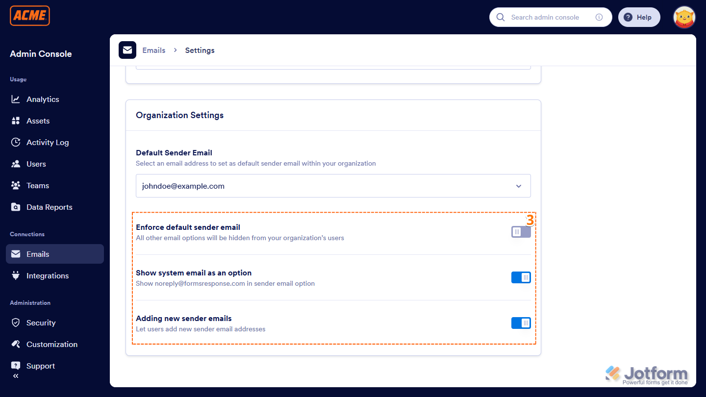 Other Organization Settings n the Emails section of the Admin Console in the Jotform Enterprise Server