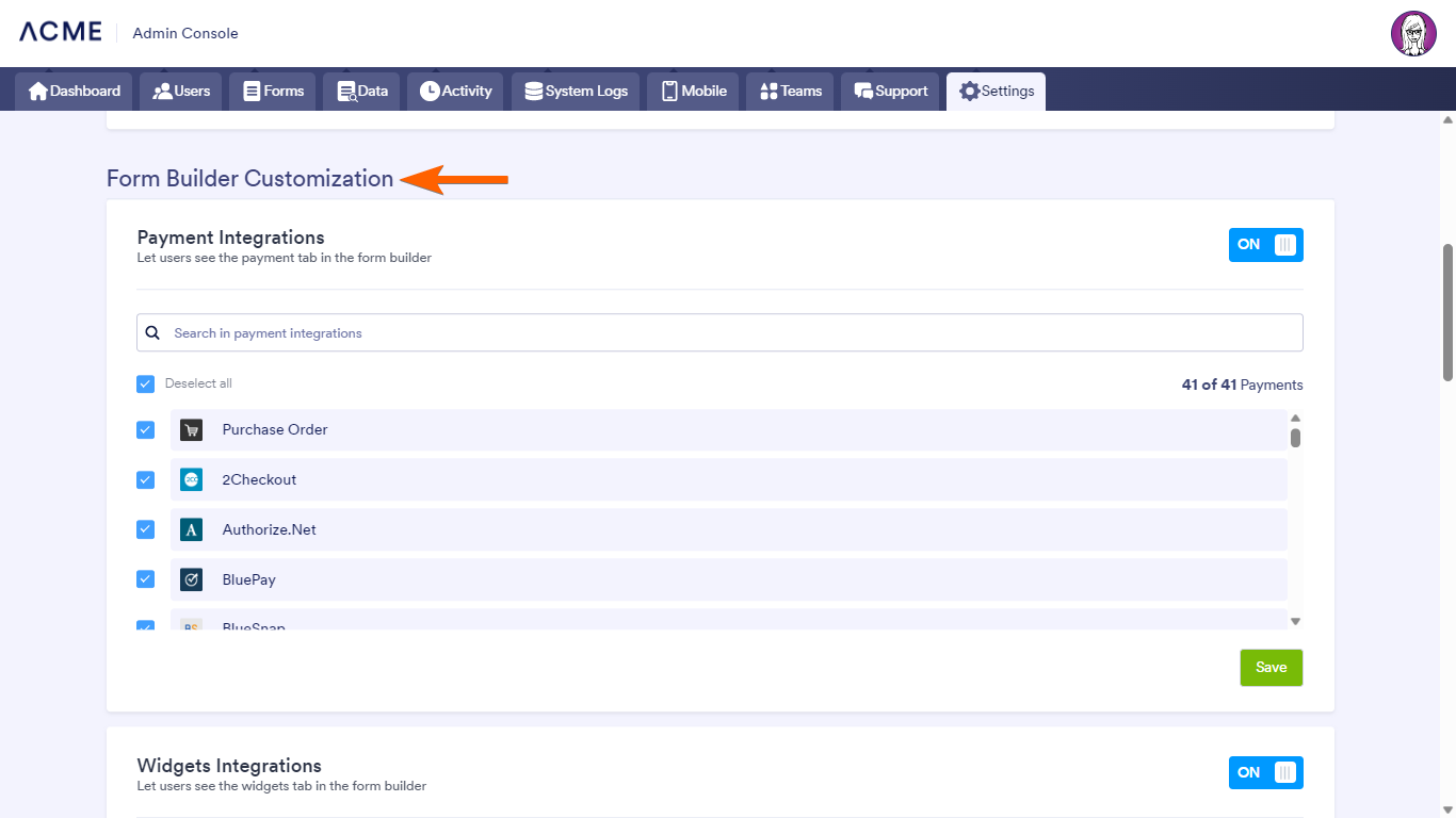 Der Bereich für die Anpassung des Formular Generators in der Admin-Konsole von Jotform Enterprise