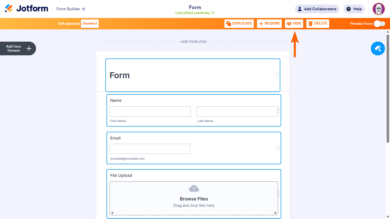 The Hide button to hide all selected fields in Jotform Form Builder