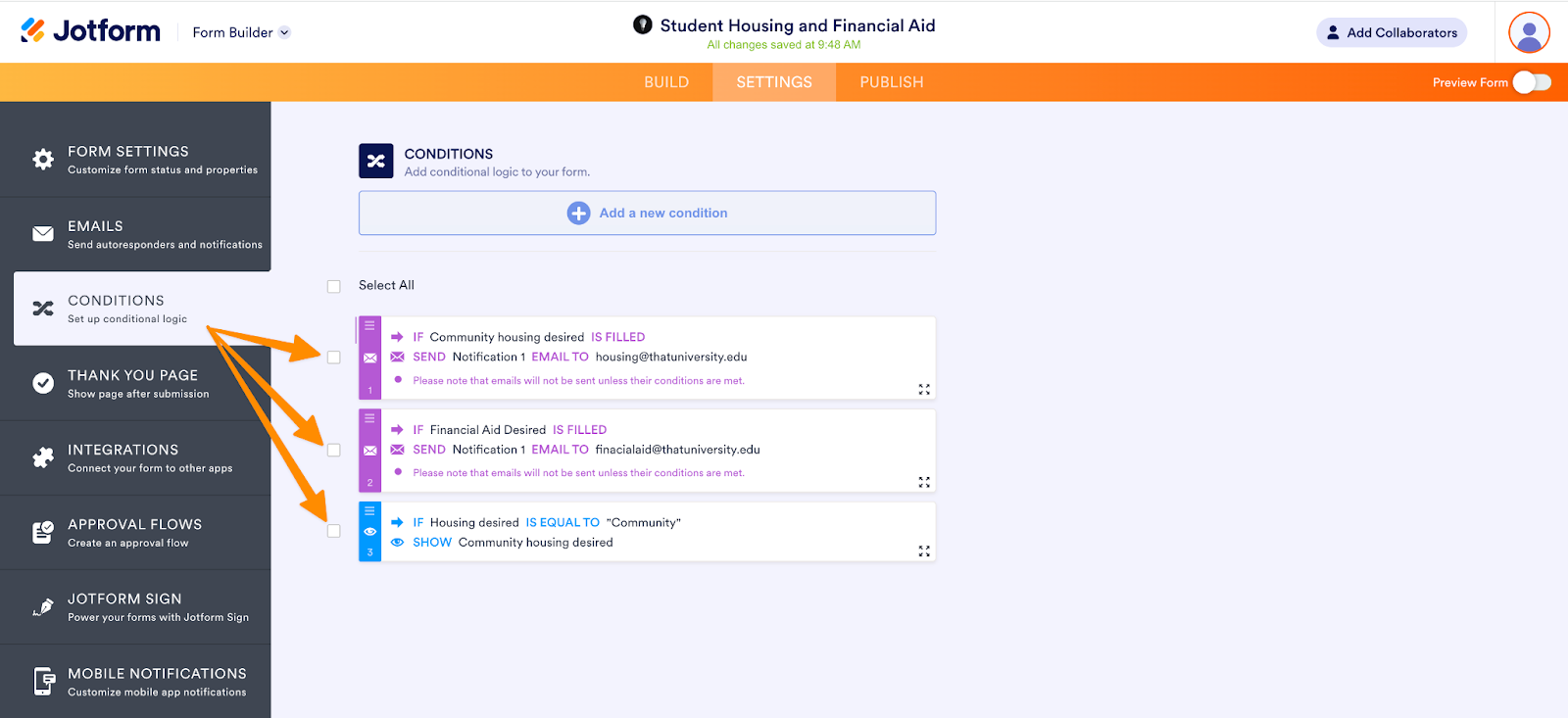 An interface showing a system setup for sending automated notification emails