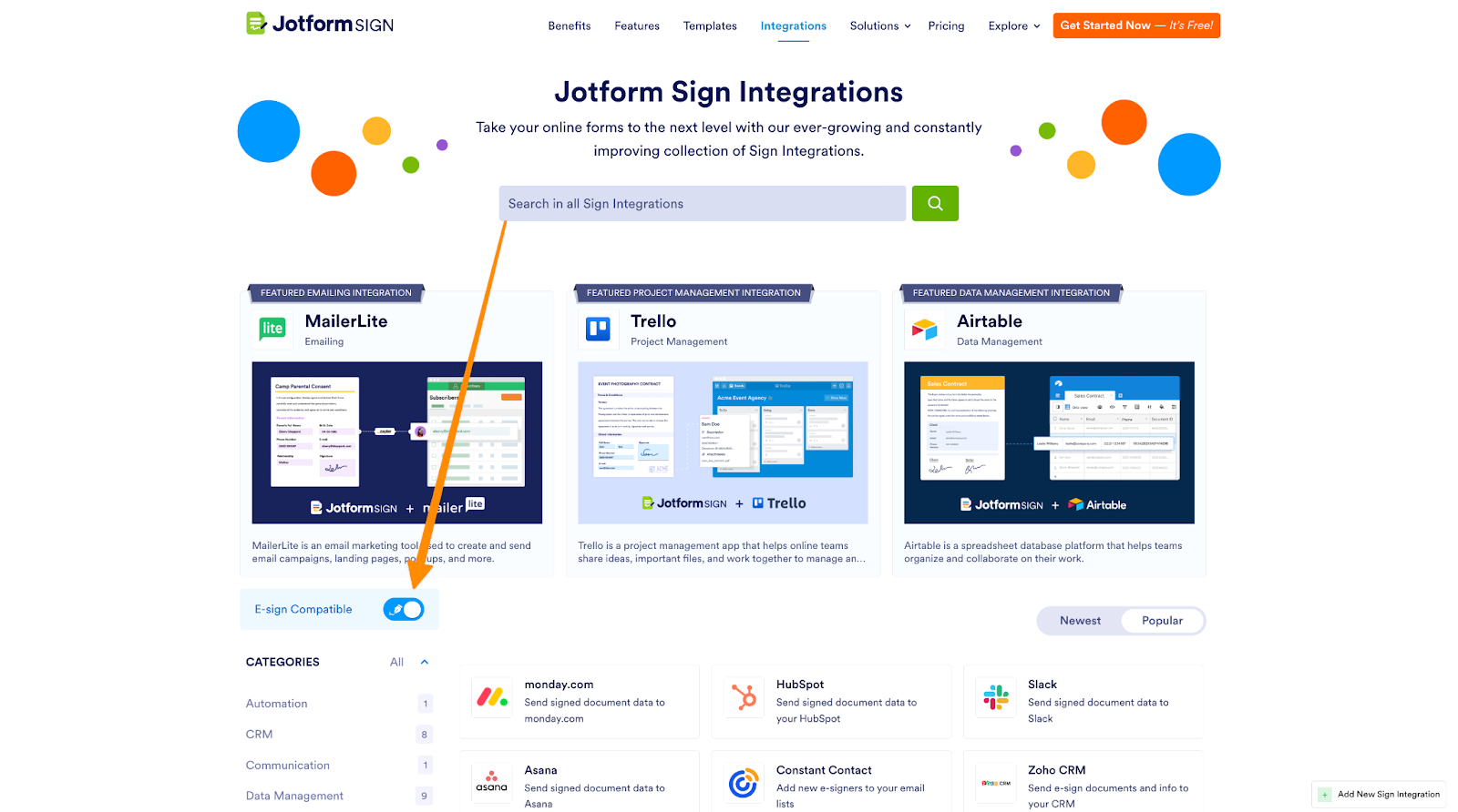 A screenshot of the integrations page in Jotform Sign, featuring a toggle switch at the top of the categories section on the left side