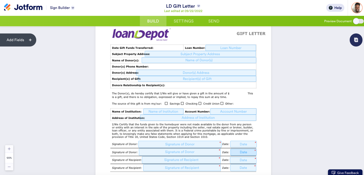 example of LD Gift letter