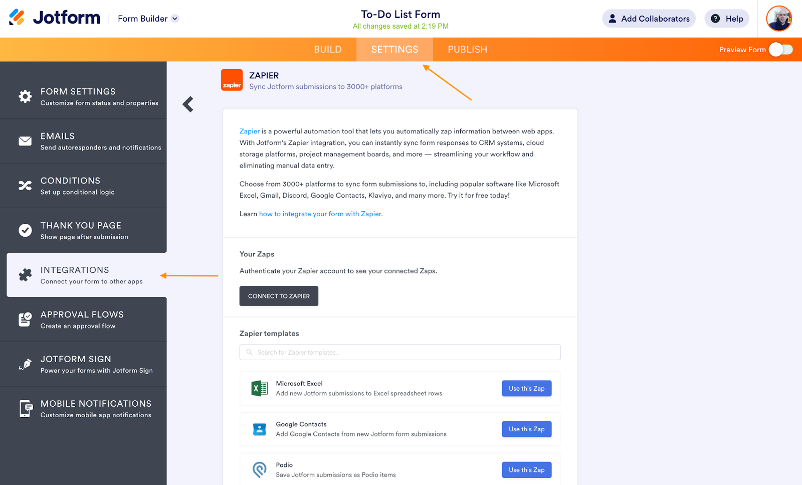Image showcasing the process of adding Jotform integrations and widgets to existing or new forms via Jotform's integrations and widgets pages, with options