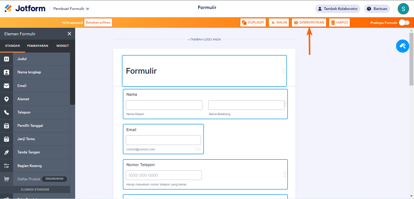 Tombol Sembunyikan untuk menyembunyikan semua bidang yang dipilih di Pembangun Formulir Jotform