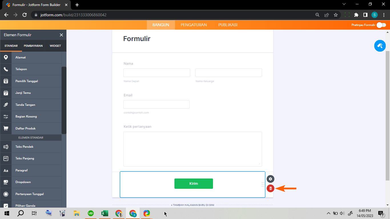 Ikon hapus tombol kirim di Pembangun Formulir Jotform