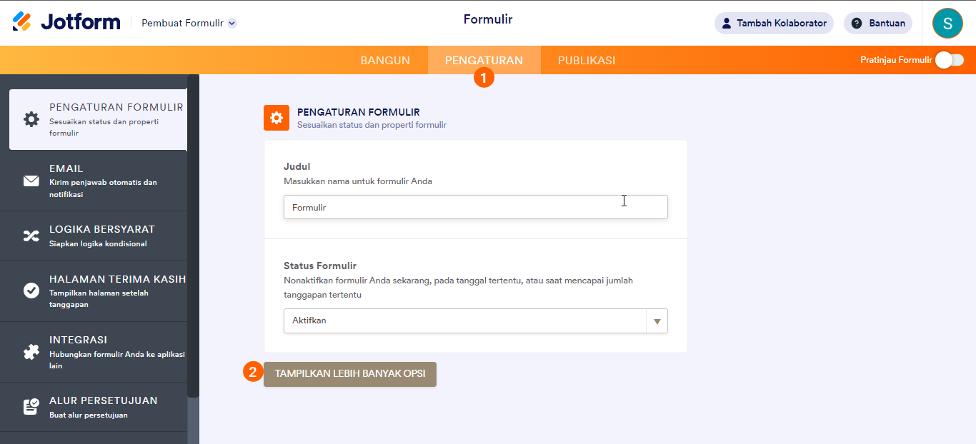 Langkah untuk mengakses Pilihan Lainnya pengaturan formulir dalam Pembangun Formulir