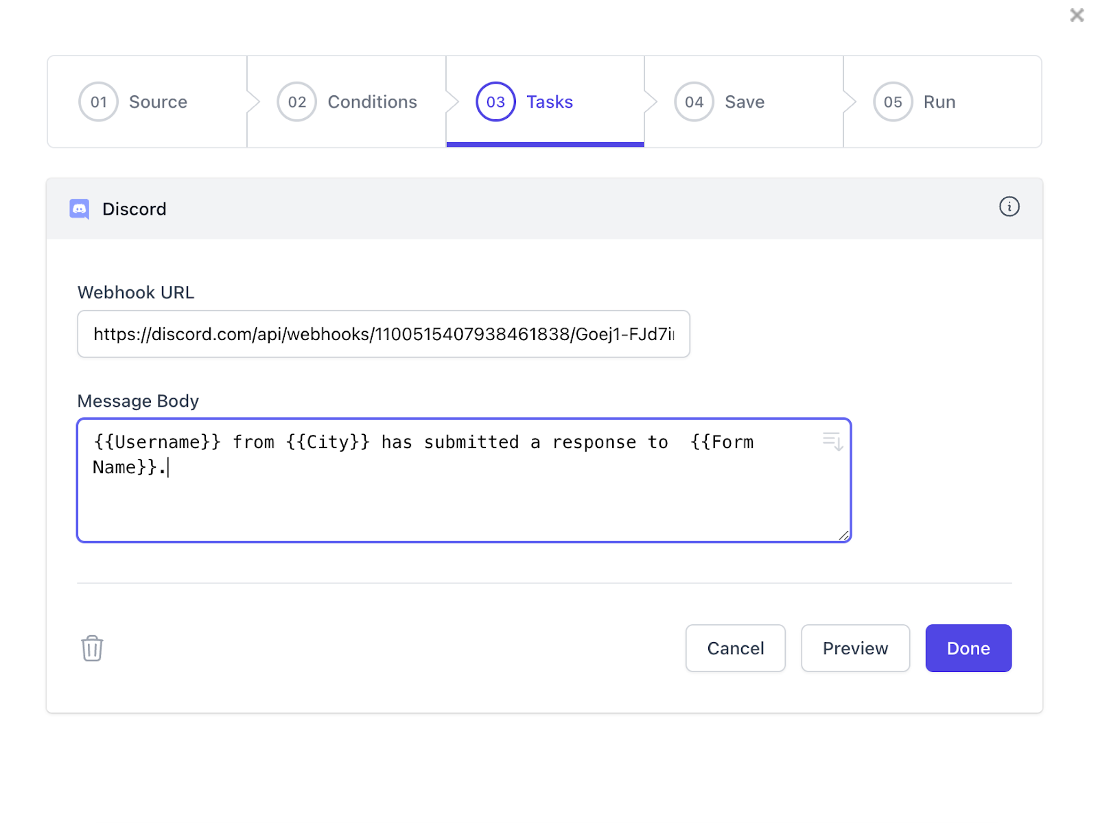 A screenshot of the “Tasks” pane of the Document Studio workflow builder, filled out with the Webhook URL and an example message body