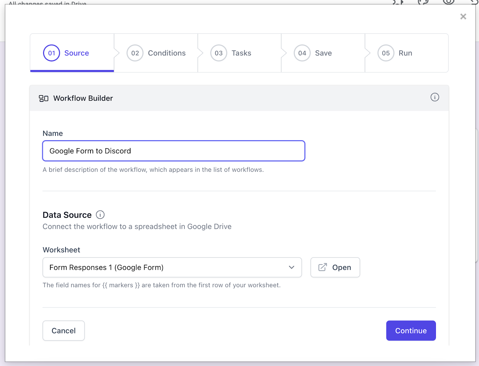 A screenshot of the “Create new workflow” screen from Document Studio