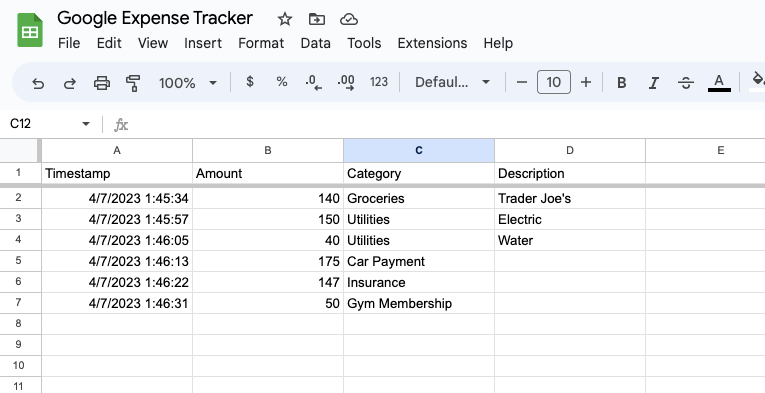Screenshot of form responses automatically populating in linked Google Sheet
