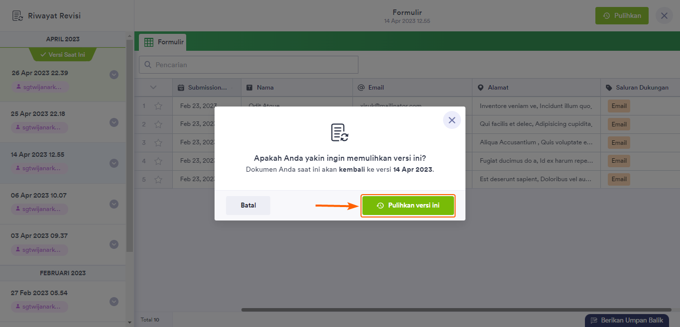 Tabel pulihkan versi ini