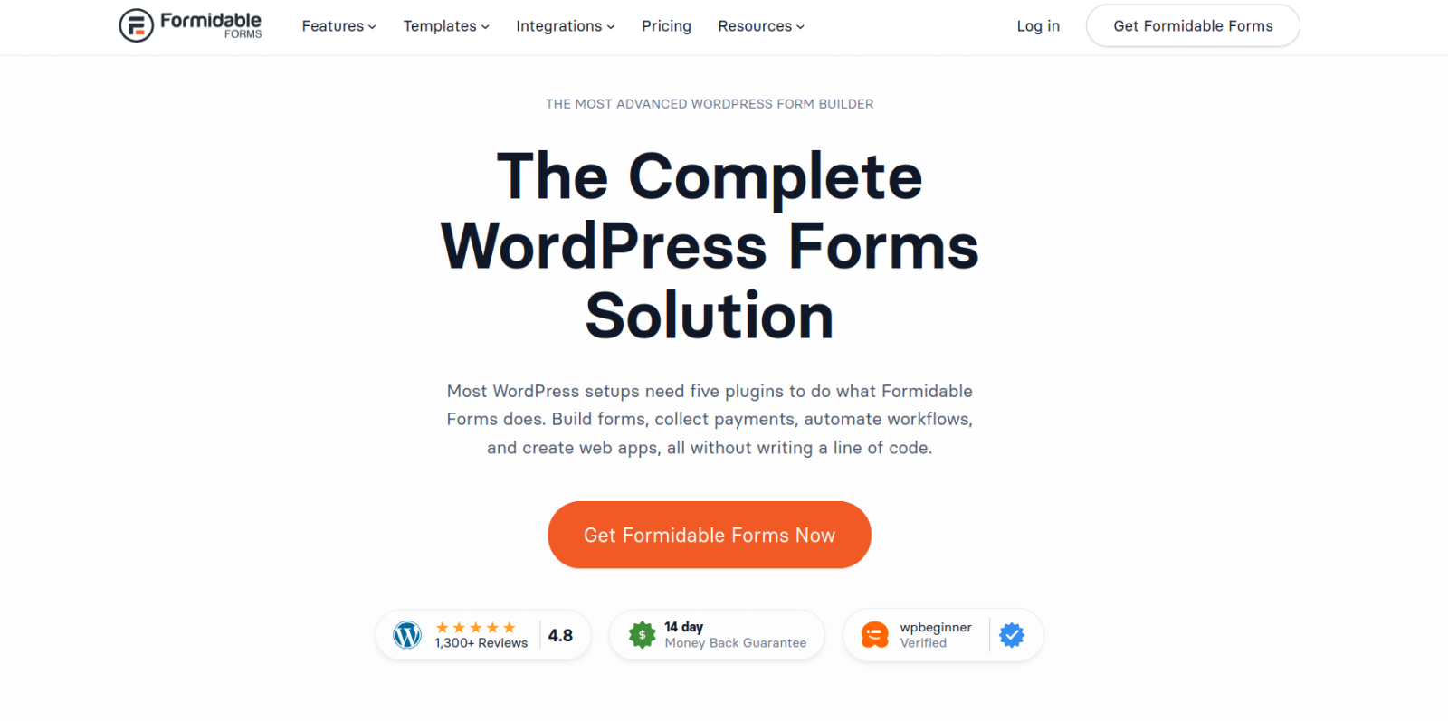 Screenshot of the Formidable Forms landing page, showing a headline "The Complete WordPress Forms Solution"