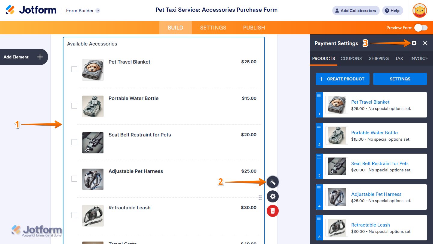 Gear icon on the top-right side of the Payment Settings window in Jotform Form Builder